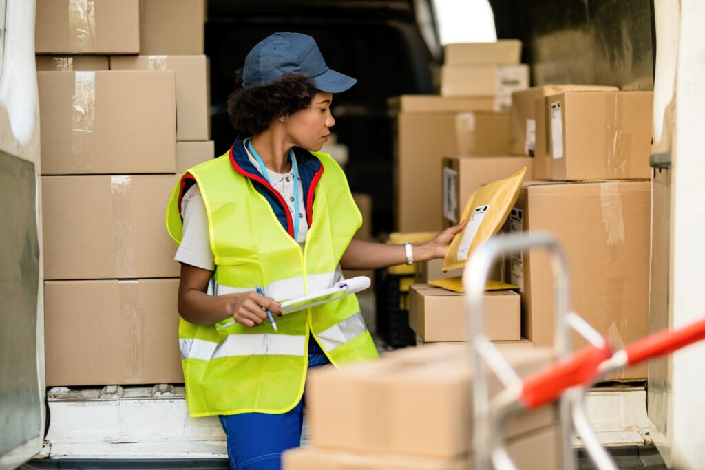 female african american deliverer sorting packages in a van. female african american deliverer sorting packages in a van.